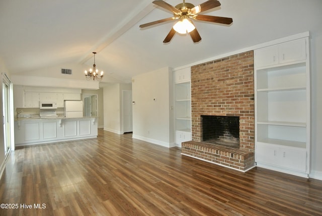 unfurnished living room featuring a fireplace, dark wood finished floors, visible vents, and baseboards