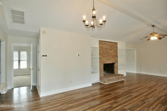 unfurnished living room featuring lofted ceiling with beams, dark wood-type flooring, a fireplace, visible vents, and baseboards