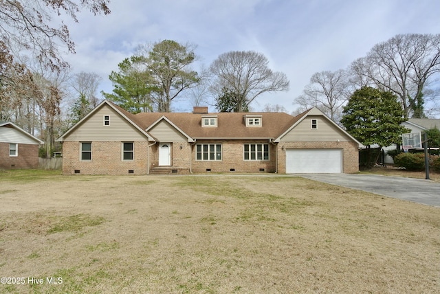 view of front facade featuring concrete driveway, brick siding, crawl space, and fence