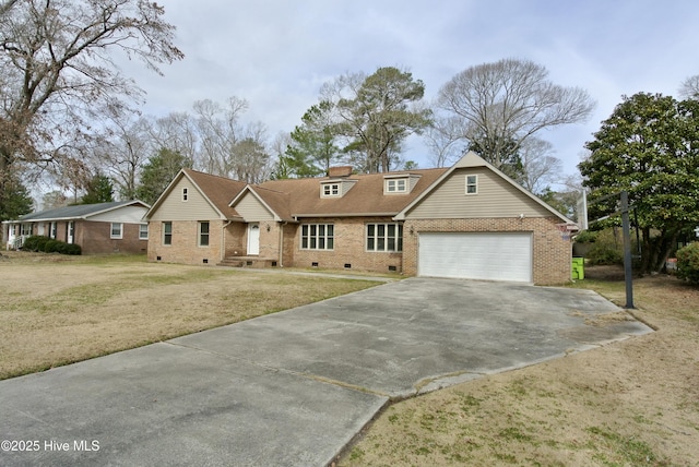 view of front facade with driveway, a garage, brick siding, crawl space, and a front yard