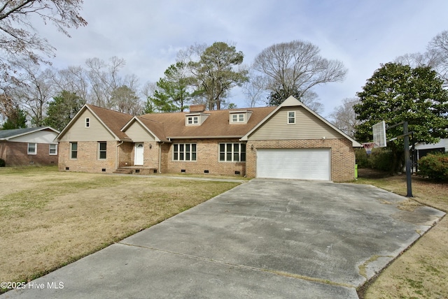 view of front of home with driveway, crawl space, an attached garage, a front lawn, and brick siding