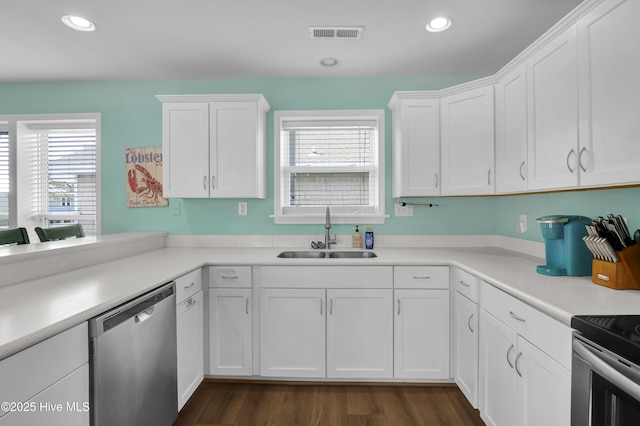 kitchen featuring stainless steel appliances, a healthy amount of sunlight, a sink, and white cabinets