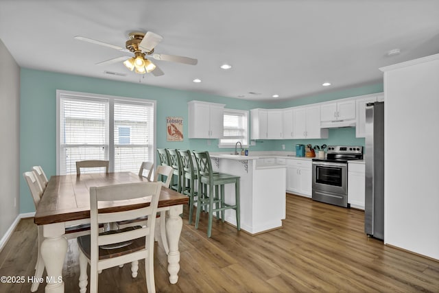 kitchen with wood finished floors, appliances with stainless steel finishes, a sink, and white cabinets