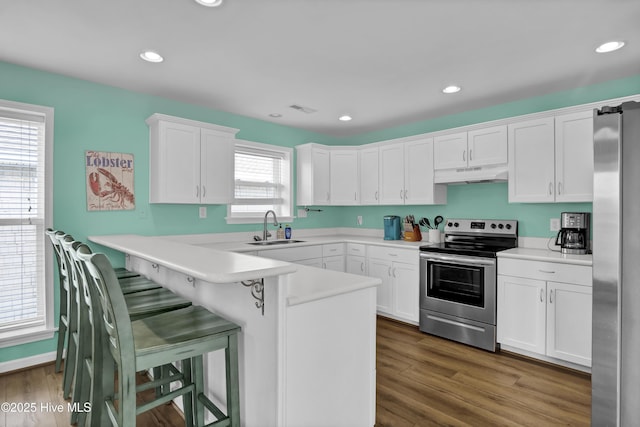 kitchen with a peninsula, stainless steel appliances, under cabinet range hood, white cabinetry, and a sink