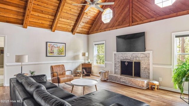living area with wooden ceiling, a fireplace, plenty of natural light, and hardwood / wood-style floors