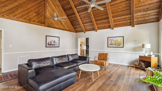living room with high vaulted ceiling, wooden ceiling, baseboards, and wood finished floors