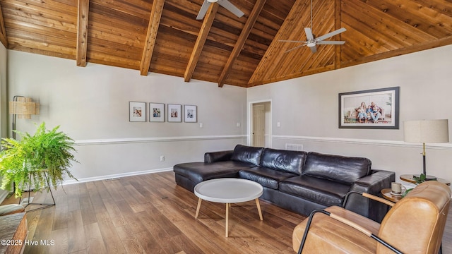 living area with a ceiling fan, wood ceiling, beamed ceiling, and wood finished floors