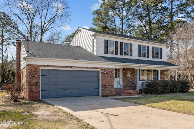 view of front of property with brick siding, a chimney, a garage, and a shingled roof