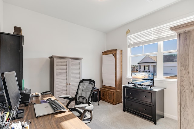 home office featuring light carpet