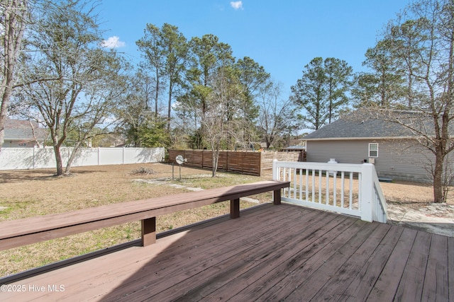 wooden terrace with a fenced backyard