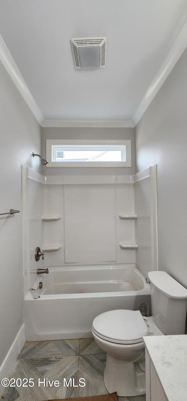 full bath with toilet, vanity, visible vents, ornamental molding, and washtub / shower combination