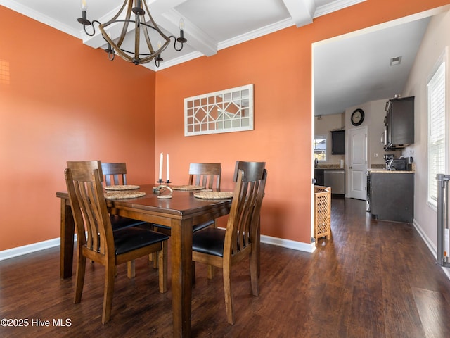 dining room featuring visible vents, baseboards, dark wood-style flooring, an inviting chandelier, and beam ceiling