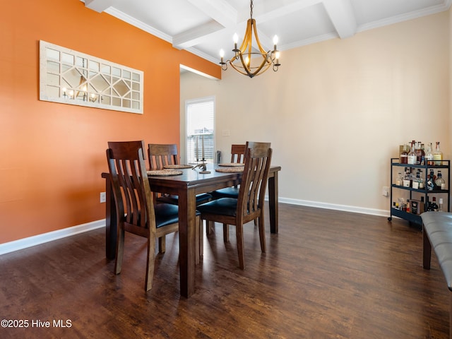 dining area featuring a notable chandelier, dark wood finished floors, beamed ceiling, and baseboards