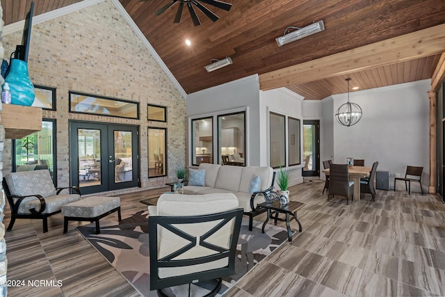 view of patio / terrace with ceiling fan, french doors, and an outdoor living space