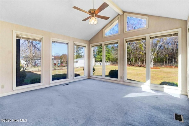 unfurnished sunroom featuring lofted ceiling with beams, visible vents, and a ceiling fan