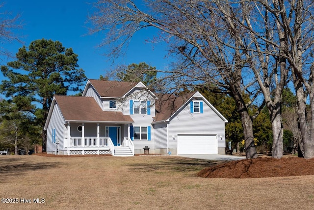 view of front of home with a porch, a front yard, driveway, and a garage