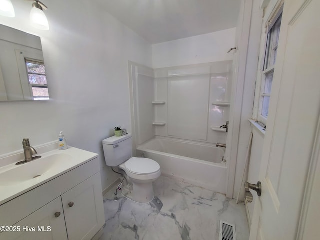 full bathroom with visible vents, bathing tub / shower combination, toilet, marble finish floor, and vanity