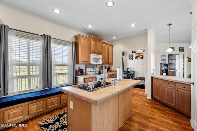 kitchen featuring white appliances, wood finished floors, a kitchen island with sink, light countertops, and recessed lighting