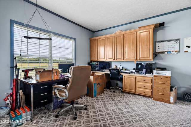 carpeted office space featuring a textured ceiling and crown molding