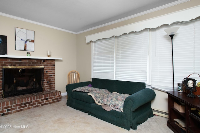 living area featuring a baseboard radiator, a brick fireplace, crown molding, and carpet flooring