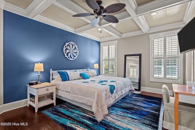 bedroom featuring ornamental molding, coffered ceiling, baseboards, and wood finished floors