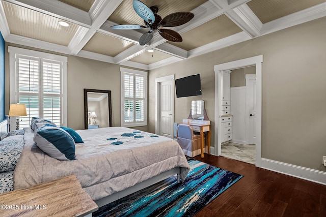 6430 Craller Way, Ocean Isle Beach, NC 28469 - bedroom with coffered ceiling, wood finished floors, beamed ceiling, baseboards, and crown molding
