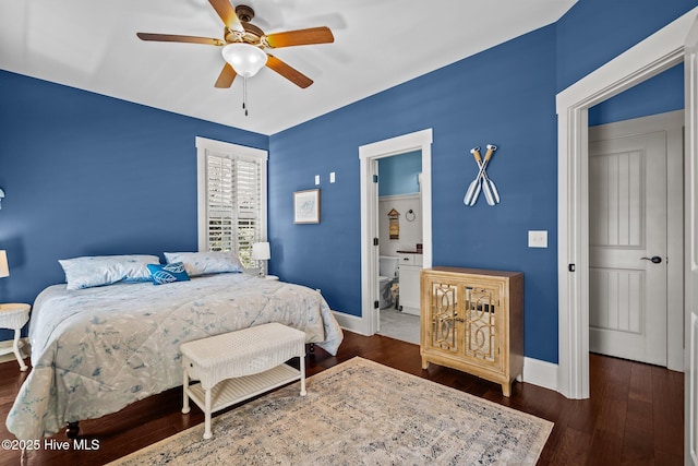 bedroom with ceiling fan, wood finished floors, and baseboards