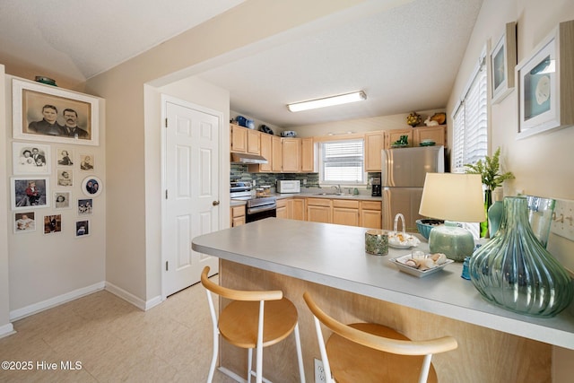 kitchen featuring appliances with stainless steel finishes, a peninsula, light brown cabinetry, under cabinet range hood, and a sink