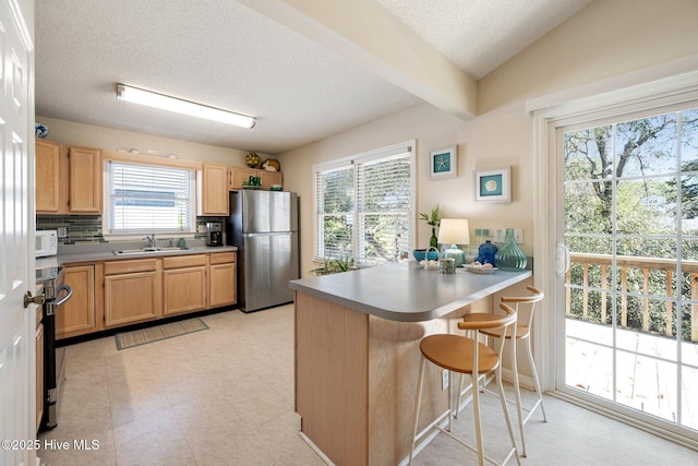 kitchen featuring stainless steel appliances, a breakfast bar, a peninsula, a sink, and vaulted ceiling