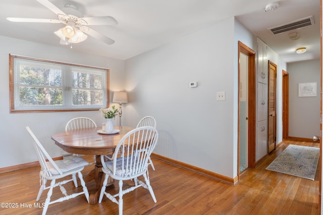 dining space with light wood-style floors, visible vents, and baseboards