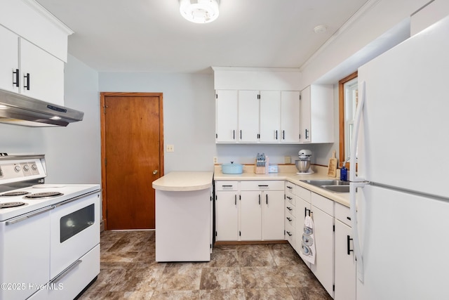 kitchen featuring white appliances, light countertops, under cabinet range hood, white cabinetry, and a sink