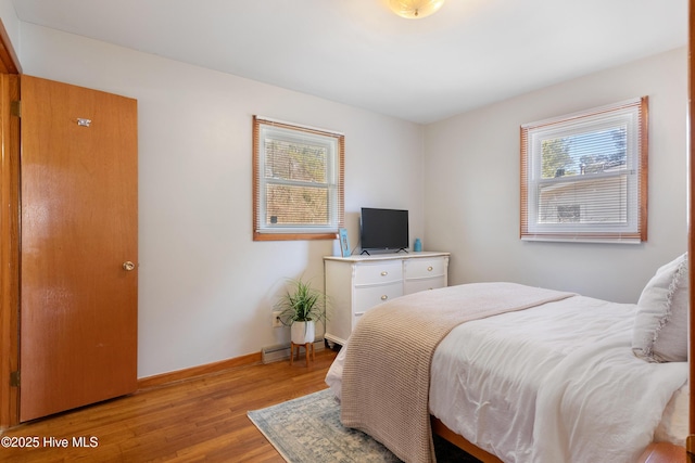 bedroom with multiple windows, baseboards, and wood finished floors