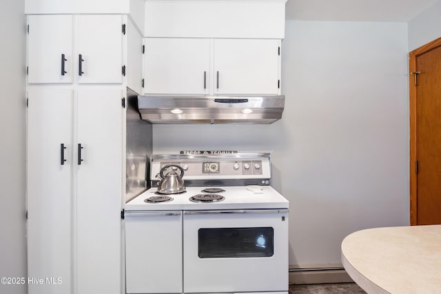 kitchen featuring light countertops, white range with electric cooktop, white cabinetry, and under cabinet range hood