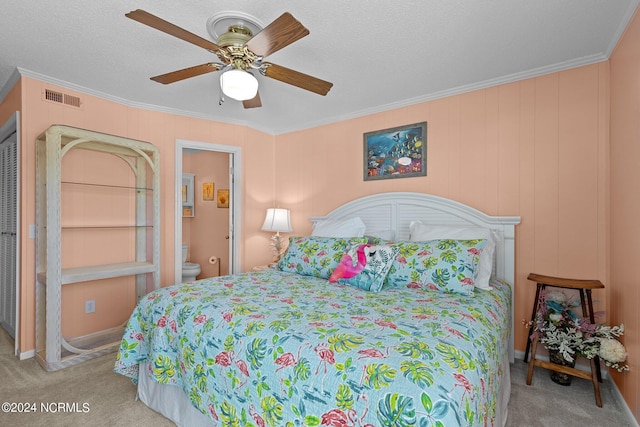 bedroom featuring carpet, visible vents, crown molding, and ceiling fan