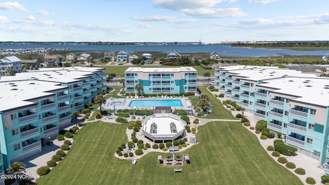 drone / aerial view with a water view