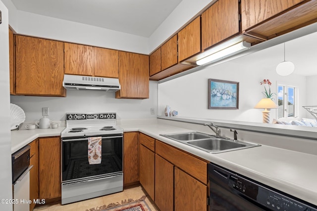 kitchen with black dishwasher, electric stove, brown cabinets, a sink, and exhaust hood