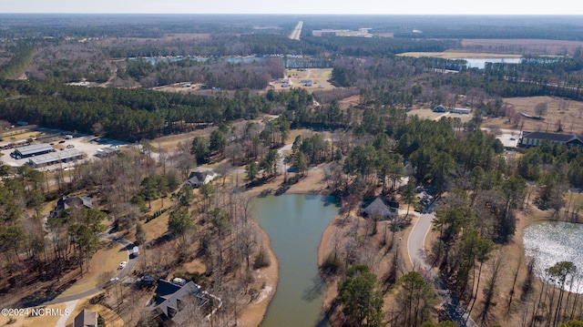 aerial view featuring a water view and a view of trees