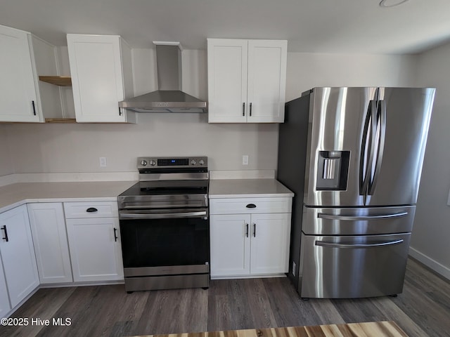 kitchen with open shelves, wall chimney range hood, white cabinets, and stainless steel appliances