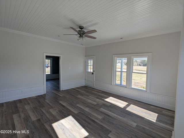 empty room featuring a ceiling fan, wooden ceiling, a wainscoted wall, dark wood-type flooring, and crown molding