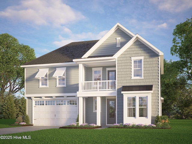 view of front of home with a garage, a balcony, concrete driveway, and a front yard