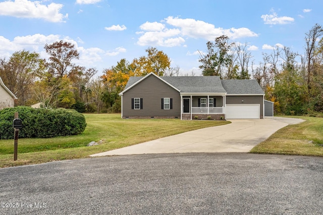 ranch-style house with a porch, an attached garage, driveway, crawl space, and a front yard