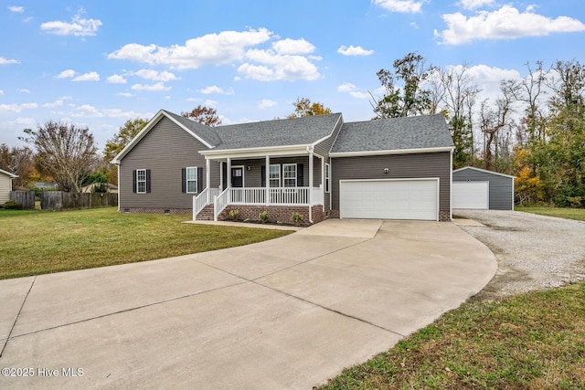 single story home featuring roof with shingles, covered porch, a front yard, crawl space, and fence