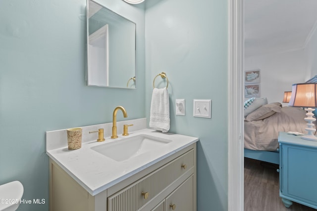 ensuite bathroom featuring wood finished floors, connected bathroom, and vanity