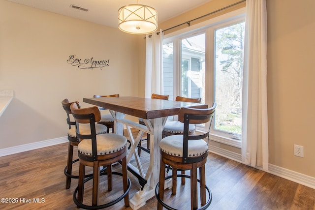 dining room featuring dark wood-type flooring, visible vents, and baseboards