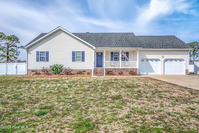 single story home featuring driveway, a porch, crawl space, and a gate