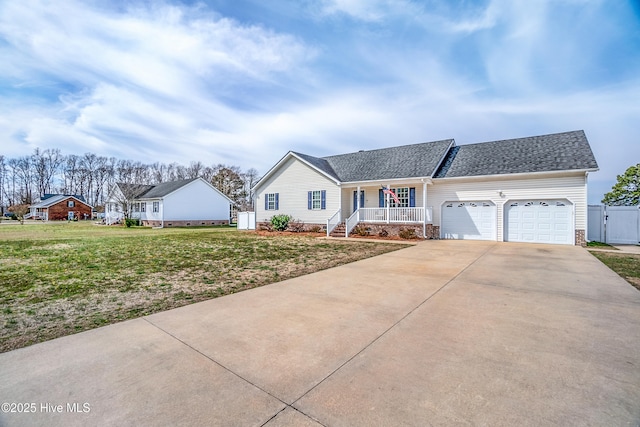 single story home with an attached garage, covered porch, driveway, roof with shingles, and a front yard