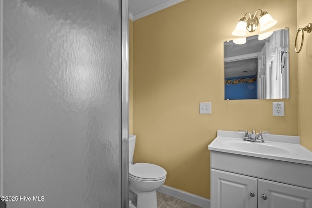 10 Lodge Pole Ln, Pinehurst, NC 28374 - bathroom featuring vanity, toilet, ornamental molding, tile patterned floors, and baseboards