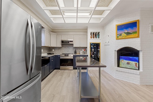 kitchen featuring light wood-style flooring, a sink, white cabinetry, appliances with stainless steel finishes, and backsplash