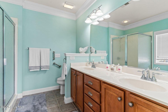 full bathroom with a stall shower, visible vents, a sink, and double vanity