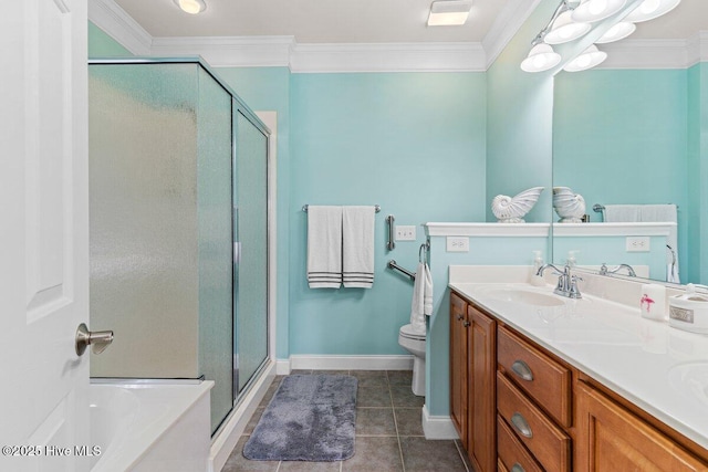 full bath with a stall shower, tile patterned flooring, a sink, and crown molding